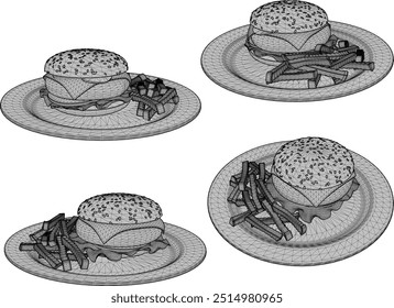 Vector sketch illustration of fast food design hamburger with meat cheese and french fries