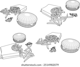 Ilustração de esboço vetorial do hambúrguer de design de fast food com queijo de carne e batatas fritas