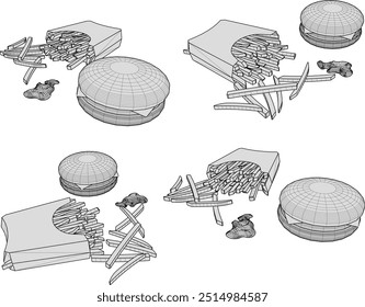 Vector sketch illustration of fast food design hamburger with meat cheese and french fries 