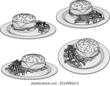 Vector sketch illustration of fast food design hamburger with meat cheese and french fries