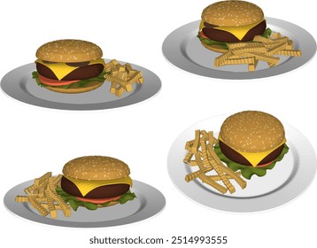 Vector sketch illustration of fast food design hamburger with meat cheese and french fries