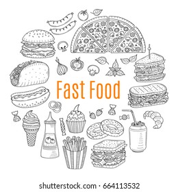 Vector sketch illustration of fast food circular shaped, with pizza, burger, hot dog, sandwiches, hamburger, soda, ice cream,  French fries, donuts, taco, cupcake, croissant, isolated on white.