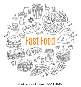 Vector sketch illustration of fast food circular shaped, with pizza, chicken, burger, hot dog, sandwiches, hamburger, soda, ice cream, French fries, donuts, cupcake, croissant, isolated on white.