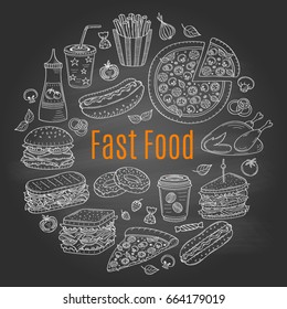 Vector sketch illustration of fast food circular shaped, with pizza, chicken, burger, hot dog, sandwiches, hamburger, soda, ice cream, French fries, donuts, cupcake, croissant, isolated on chalkboard.