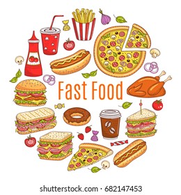 Vector sketch illustration of fast food circular shaped, with pizza, chicken, burger, hot dog, sandwiches, hamburger, soda, ice cream, French fries, donuts, cupcake, croissant, isolated on white.