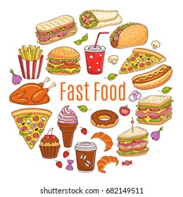 Dibujo vectorial en forma circular de comida rápida, con hamburguesa, perro caliente, sándwiches, hamburguesa, refrescos, helados, pizzas, patatas fritas, donuts, taco, quequito, cruasán, pollo aislado en blanco.