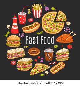 Vector sketch illustration of fast food circular shaped, with pizza, burger, hot dog, sandwiches, hamburger, soda, ice cream,  French fries, donuts, taco, cupcake, croissant, isolated on black.