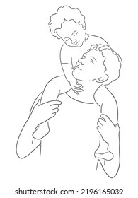 Vector sketch illustration of father holds smiling son. Parent and child, happy family concept