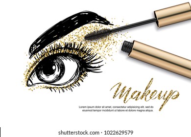 Vector sketch illustration of female eye and makeup mascara. Golden glitters eyeshadows, holiday luxury makeup. Concept for beauty salon, cosmetics label, visage and makeup.