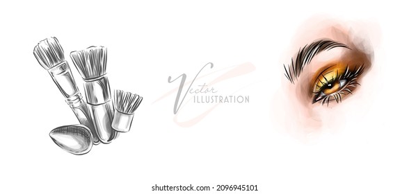 Vector sketch illustration of female eye and makeup mascara. Golden glitters eyeshadows, holiday luxury makeup. Concept for beauty salon, cosmetics label, visage and makeup.