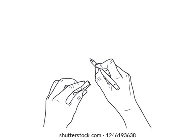Vector sketch illustration - female hands write with a pen