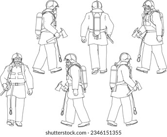 Vector sketch illustration of a firefighter in safety uniform complete with helmet