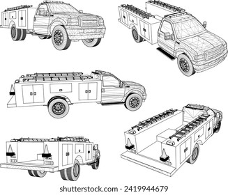 Vector sketch illustration of firefighter safety fast motion car design with ladder