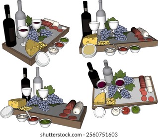 Vector sketch illustration of food tray design silhouette with drinks for breakfast on table