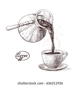 Vector sketch illustration of fresh brewed hot and flavored morning coffee from the turks poured into the cup. Drink with splashes and steam pouring into the bowl. Imitation vintage engraving svg