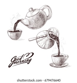 Vector Sketch Illustration Of Fresh Brewed Hot And Flavored Morning Coffee From Turks And Tea From Teapot Poured Into Cup. Drink With Splashes And Steam Pouring Into Bowl. Imitation Vintage Engraving.