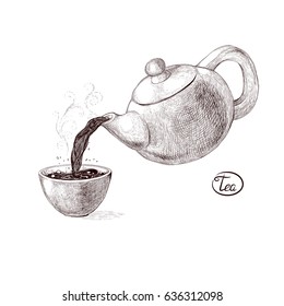 Vector Sketch Illustration Of Fresh Welded Hot And Flavored Morning Tea From The Teapot Poured Into The Teacup. Drink With Splashes And Steam Pouring Into The Bowl. Imitation Vintage Engraving