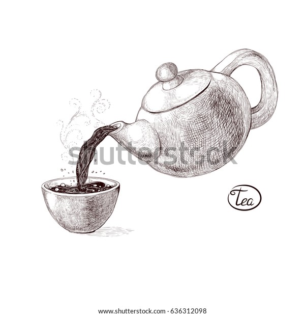 茶碗に注ぐティーポットから 溶かしたての熱い香りの付いたモーニングティーのベクター画像スケッチイラスト 水しぶきと湯気で飲む 模造ビンテージ彫刻 のベクター画像素材 ロイヤリティフリー
