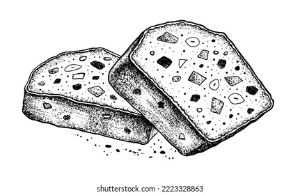 Vector sketch illustration of Fruit Cake. Vintage style drawing isolated on white background.