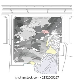Vektorgrafik-Illustration eines Mädchens, das Drachen in einem Zugfenster betrachtet