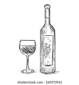 Vector Sketch Illustration - Glass And Bottle Of Red Wine