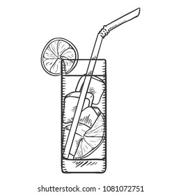 Vector Sketch Illustration - Glass of Lemonade with Lemon Slice, Ice and Drinking Straw