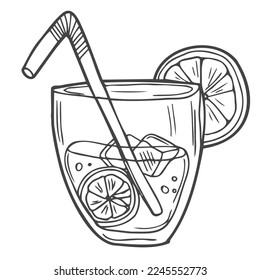 Vector Sketch Illustration - Glass of Lemonade with Lemon Slice, Ice and Drinking Straw
