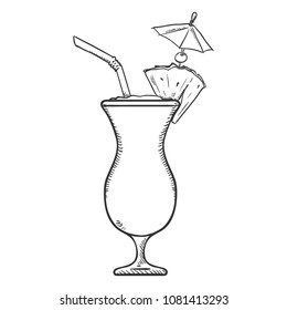 Vector Sketch Illustration - Glass of Pina Colada with Drinking Straw, Cocktail Umbrella and Pineapple