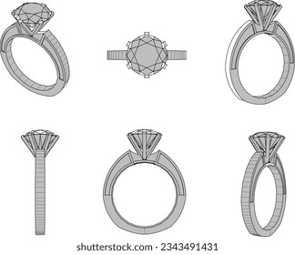 Vector sketch illustration of gold silver engagement ring with diamond stone