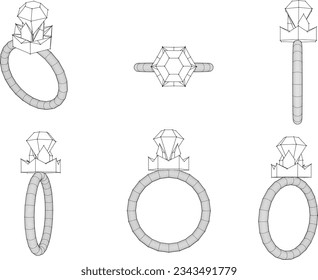 Vector sketch illustration of gold silver engagement ring with diamond stone