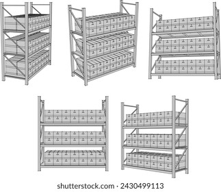 Vektor-Skizze-Illustration von Waren-Rack-Design für Lager