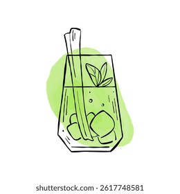 Vector sketch illustration of green mocktail. Minimalist drawing of fresh and healthy beverage with celery and ice. Summer drink for logo, menu, sticker, or cocktail advertising.