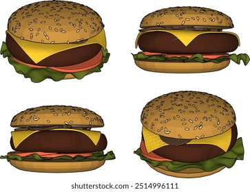 Ilustração de esboço vetorial do design de fast food do hambúrguer com legumes de carne e queijo