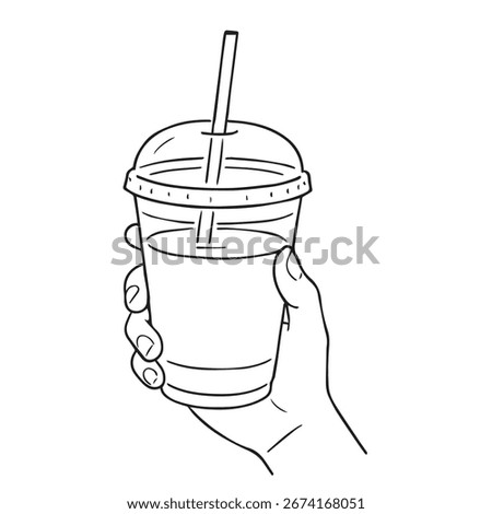 vector sketch illustration of hand holding a cup of cold coffee in plastic cup