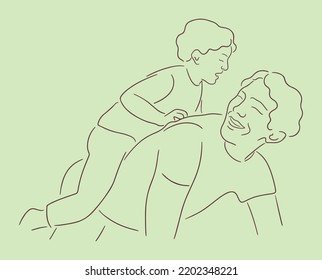 Vector sketch illustration of happy dad riding child on his back. Parent plays with son. Fatherhood concept