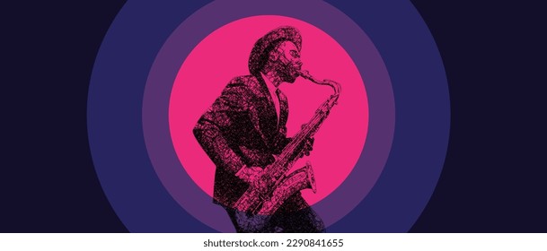 A vector sketch illustration of a hat-wearing, saxophone-playing jazz artist.