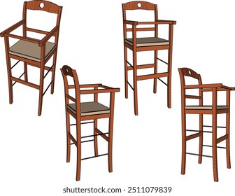 Vector sketch illustration of high design wooden dining chairs for small children at the dining table