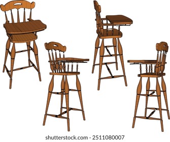 Ilustración de boceto de Vector de sillas de comedor de madera de alto diseño para niños Pequeños en la mesa de comedor