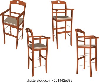 Vector sketch illustration of high design wooden dining chairs for small children at the dining table