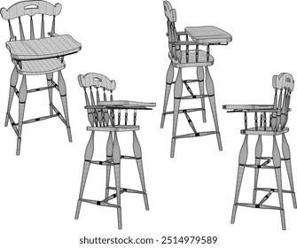 Ilustração de esboço vetorial de cadeiras de jantar de madeira de alto design para crianças pequenas na mesa de jantar