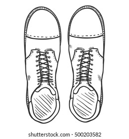 Vector Sketch Illustration - High Leather Army Boots. Top View