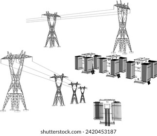 Vector sketch illustration of high voltage electric pole generator travo design