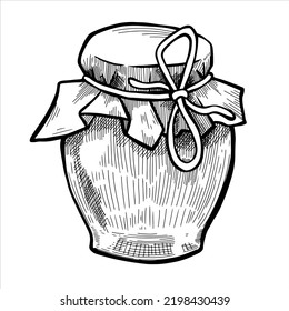 Vector Sketch Illustration Of Honey Jar Drawing Isolated On White. Engraved Style. Natural Business. Vintage, Retro Object For Menu, Label, Recipe, Product Packaging