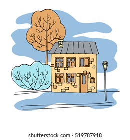 vector sketch illustration of house and tree
