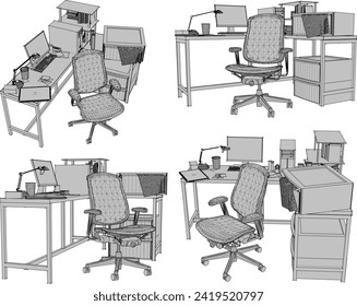 Esbozo vectorial ilustración del diseño interior del escritorio de un hombre