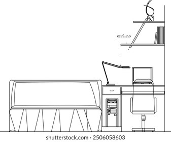 Vector sketch illustration of interior design silhouette of bedroom furniture