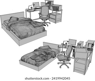 Esbozo vectorial ilustración del diseño de interiores para el dormitorio de un niño