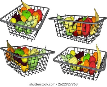 vector sketch illustration of iron basket design filled with fruits and vegetables 