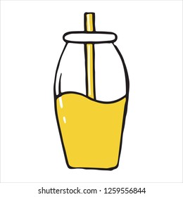 Vector Sketch Illustration, Jar with Drinking Straw. Doodle icon