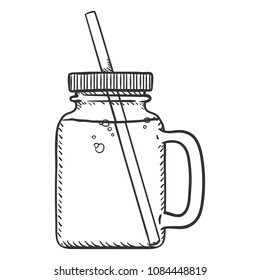 Vector Sketch Illustration - Jar with Handle, Lid, Drinking Straw and Soda Inside